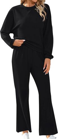 بدلة رياضية نسائية كاجوال ناعمة وواسعة الساق وأكمام طويلة من AOMONI مكونة من قطعتين in Kuwait