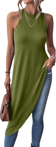 Milumia Women's Asymmetrical Hem Crew Neck Long Tank Top Sleeveless Tunic Tops Shirts in Kuwait