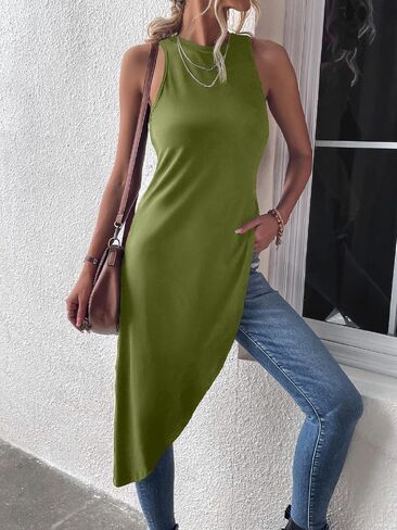 Milumia Women's Asymmetrical Hem Crew Neck Long Tank Top Sleeveless Tunic Tops Shirts in Kuwait