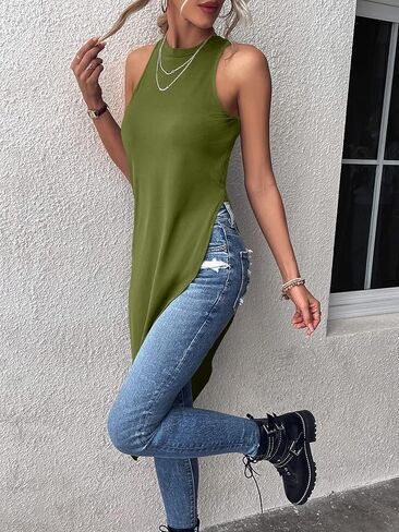 Milumia Women's Asymmetrical Hem Crew Neck Long Tank Top Sleeveless Tunic Tops Shirts in Kuwait