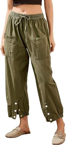 Amlztr Women's Cropped Drawstring Waist Wide Leg Loose Cotton Linen Capri Pants for Women in Kuwait