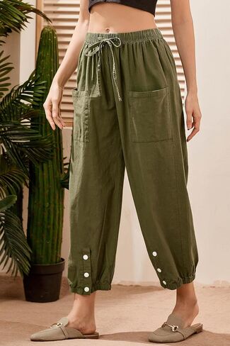 Amlztr Women's Cropped Drawstring Waist Wide Leg Loose Cotton Linen Capri Pants for Women in Kuwait