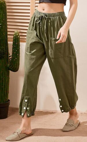 Amlztr Women's Cropped Drawstring Waist Wide Leg Loose Cotton Linen Capri Pants for Women in Kuwait