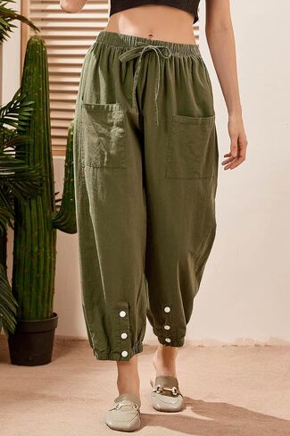 Amlztr Women's Cropped Drawstring Waist Wide Leg Loose Cotton Linen Capri Pants for Women in Kuwait