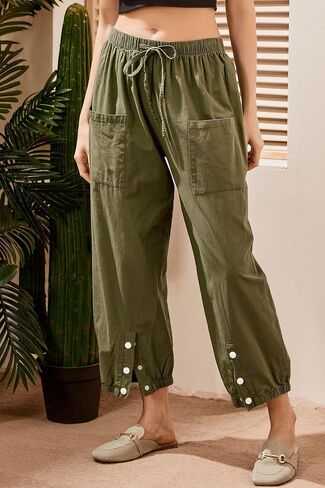 Amlztr Women's Cropped Drawstring Waist Wide Leg Loose Cotton Linen Capri Pants for Women in Kuwait