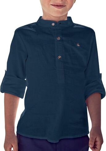 قمصان Meikulo للأولاد بأكمام طويلة من Henley من الكتان بياقة الماندرين وأزرار سفلية تي شيرت للأعمار من 4 إلى 12 سنة in Kuwait