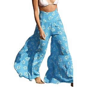 ALBIZIA بنطال عالي الخصر وواسع الساق للنساء صيفي كاجوال بنطال شاطئ بوهو مزين بالزهور بنطال بوهيمي بحزام in Kuwait