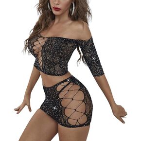Hey Song Women's Mesh Cut-Out Rhinestone Studded Fishnet Lingerie Set Tube Top with Skirt Sparkly Club Wear Party Costume Set in Saudi Arabia