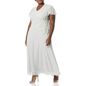 J Kara Women's Plus Size Faux Wrap Long Dress W/Flutter Sleeve
