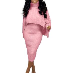 RAMOUG Women 2 Piece Sweater Outfits Knitted Long Sleeve Crop Top Tank Dress Set
