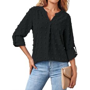 MEROKEETY Women's Casual Long Sleeve V Neck Blouses 2023 Dressy Business Shirts Swiss Dot Tops in Saudi Arabia