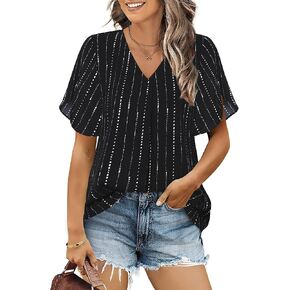 Bebonnie Womens Ruffle Short Sleeve Casual Loose V Neck Chiffon Blouses Flowy Dressy Tops