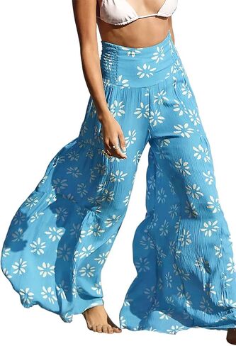 ALBIZIA بنطال عالي الخصر وواسع الساق للنساء صيفي كاجوال بنطال شاطئ بوهو مزين بالزهور بنطال بوهيمي بحزام in Kuwait
