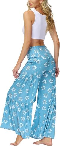 ALBIZIA بنطال عالي الخصر وواسع الساق للنساء صيفي كاجوال بنطال شاطئ بوهو مزين بالزهور بنطال بوهيمي بحزام in Kuwait