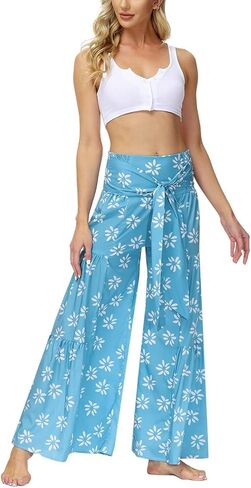 ALBIZIA بنطال عالي الخصر وواسع الساق للنساء صيفي كاجوال بنطال شاطئ بوهو مزين بالزهور بنطال بوهيمي بحزام in Kuwait