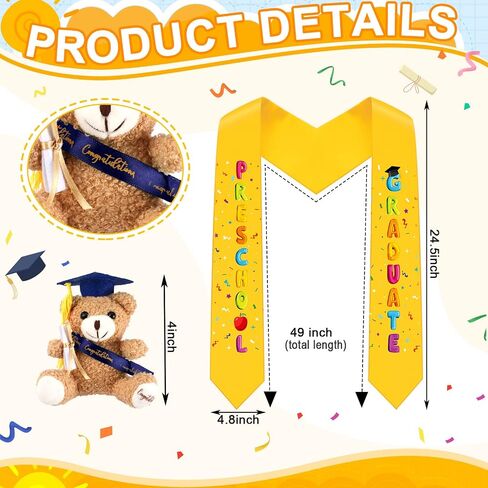 Unittype 24 Pcs Preschool Graduation Gown Graduation Cap with Tassel Graduation Stole Stuff Plush Bear for Kids Children in Saudi Arabia