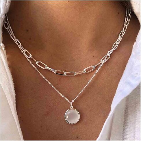 Yheakne Boho Layered Moonstone Necklace Silver Opal Moonstone Pendant Necklace Paper Clip Chain Choker Necklace Punk Flat Chain Necklace Jewelry for Women and Girls (Silver) in Kuwait