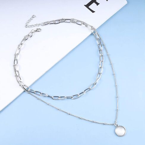 Yheakne Boho Layered Moonstone Necklace Silver Opal Moonstone Pendant Necklace Paper Clip Chain Choker Necklace Punk Flat Chain Necklace Jewelry for Women and Girls (Silver) in Kuwait