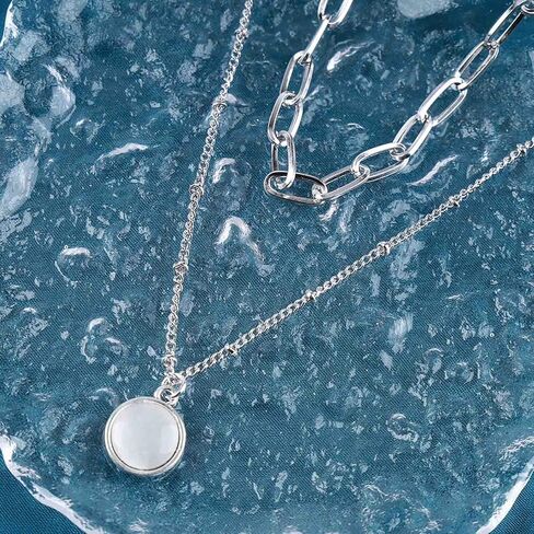 Yheakne Boho Layered Moonstone Necklace Silver Opal Moonstone Pendant Necklace Paper Clip Chain Choker Necklace Punk Flat Chain Necklace Jewelry for Women and Girls (Silver) in Kuwait