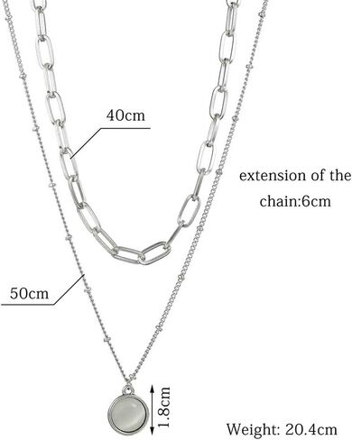 Yheakne Boho Layered Moonstone Necklace Silver Opal Moonstone Pendant Necklace Paper Clip Chain Choker Necklace Punk Flat Chain Necklace Jewelry for Women and Girls (Silver) in Kuwait