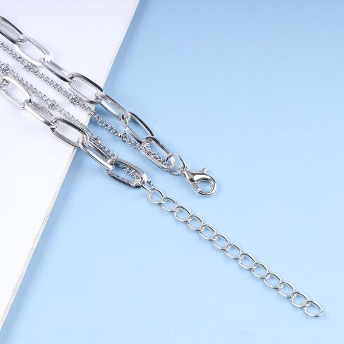 Yheakne Boho Layered Moonstone Necklace Silver Opal Moonstone Pendant Necklace Paper Clip Chain Choker Necklace Punk Flat Chain Necklace Jewelry for Women and Girls (Silver) in Kuwait