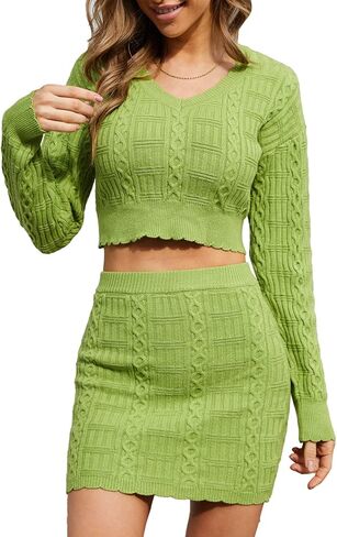 UEEKOOK Women's Sweater Skirt Set Bodycon Suit 2 Pieces Long Sleeve V-neck Top Knitted Short Dress in Kuwait