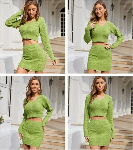 UEEKOOK Women's Sweater Skirt Set Bodycon Suit 2 Pieces Long Sleeve V-neck Top Knitted Short Dress in Kuwait