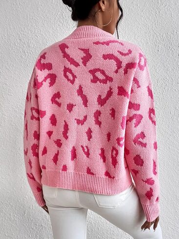 MakeMeChic Women's Leopard Pattern Mock Neck Drop Shoulder Long Sleeve Sweater Pullover Top in Saudi Arabia