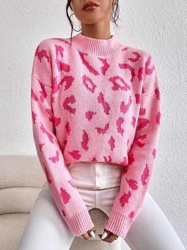 MakeMeChic Women's Leopard Pattern Mock Neck Drop Shoulder Long Sleeve Sweater Pullover Top in Saudi Arabia