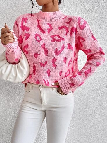MakeMeChic Women's Leopard Pattern Mock Neck Drop Shoulder Long Sleeve Sweater Pullover Top in Saudi Arabia