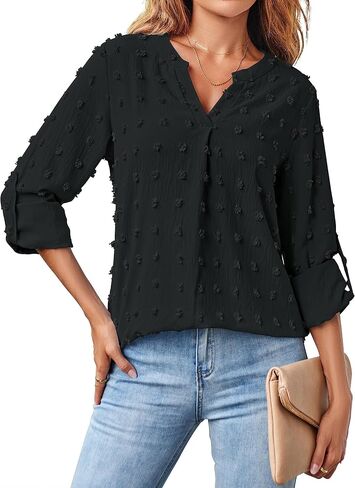 MEROKEETY Women's Casual Long Sleeve V Neck Blouses 2023 Dressy Business Shirts Swiss Dot Tops in Saudi Arabia