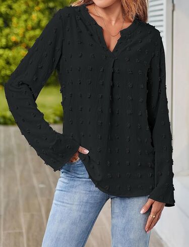 MEROKEETY Women's Casual Long Sleeve V Neck Blouses 2023 Dressy Business Shirts Swiss Dot Tops in Saudi Arabia