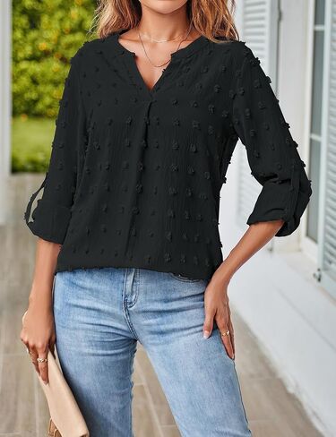 MEROKEETY Women's Casual Long Sleeve V Neck Blouses 2023 Dressy Business Shirts Swiss Dot Tops in Saudi Arabia