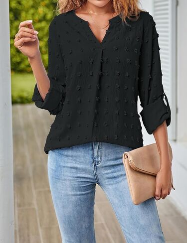 MEROKEETY Women's Casual Long Sleeve V Neck Blouses 2023 Dressy Business Shirts Swiss Dot Tops in Saudi Arabia