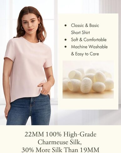 LILYSILK Silk Blouses for Women Short Sleeve 100 Pure Mulberry 22 Momme Ladies Silk Tops Button Slit Back Closure in Kuwait