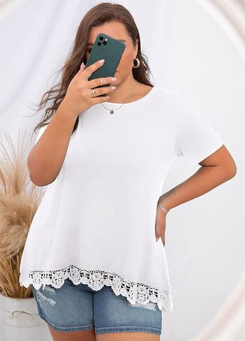 قمصان وبلوزات بمقاسات كبيرة من OLRIK للسيدات صيفية كاجوال بأكمام قصيرة/أكمام طويلة من الدانتيل in Kuwait