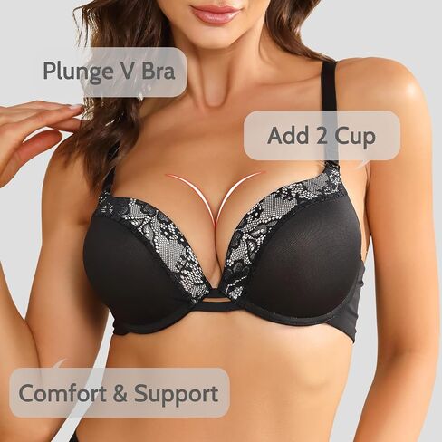 Plusfreeee Women's Push Up Thick Heavy Padded Comfort Support Add 2 Cup Plunge Underwire Bra in Saudi Arabia