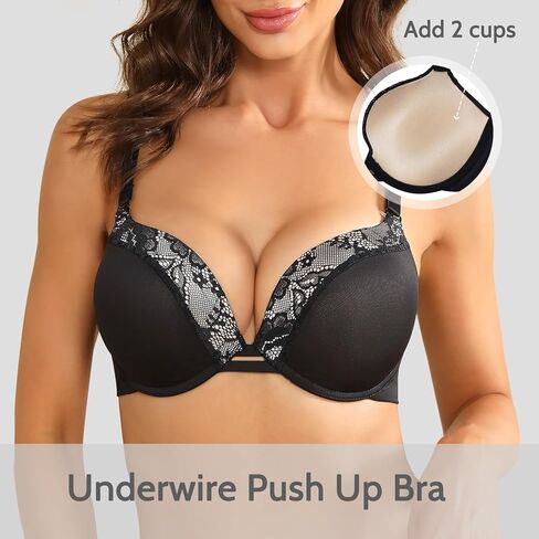 Plusfreeee Women's Push Up Thick Heavy Padded Comfort Support Add 2 Cup Plunge Underwire Bra in Saudi Arabia