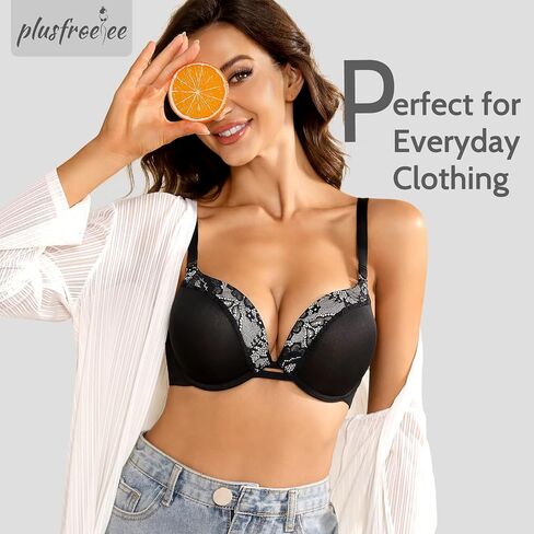 Plusfreeee Women's Push Up Thick Heavy Padded Comfort Support Add 2 Cup Plunge Underwire Bra in Saudi Arabia