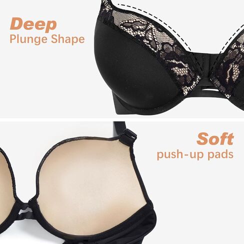 Plusfreeee Women's Push Up Thick Heavy Padded Comfort Support Add 2 Cup Plunge Underwire Bra in Saudi Arabia