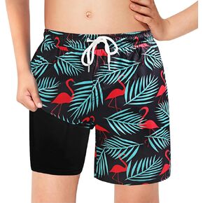 Boys Swim Trunks with Boxer Brief Liner Compression Swim Shorts Quick Dry Bathing Suit Swimwear 5-20 Years