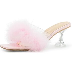 صنادل Heiyom النسائية ذات المقدمة المربعة والكعب العالي والكعب العالي والصنادل ذات الريش المنفوش سهلة الارتداء بكعب عالٍ شفاف وحفلات الزفاف والحفلات الوردية 38 US7 in Kuwait