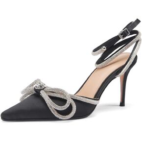 Arqa Women's Rhinestone Bow Heels Ankle Strap Slingback Pumps Satin Wedding Stiletto Dress High Heel Sandals