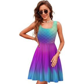 uideazone Women's Sleeveless Scoop Neck Summer Beach Casual Midi A Line Dress