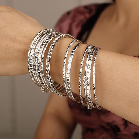 Rumtock 13pcs Boho Silver Bracelet Set for Women Girls Crystal Beads Stackable Bangle Hand Chain Punk Jewelry for Party in Saudi Arabia