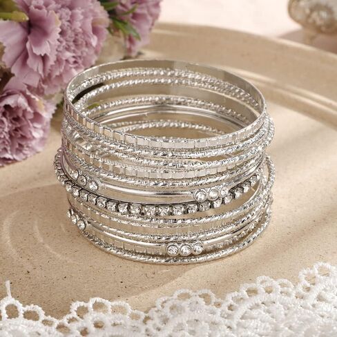 Rumtock 13pcs Boho Silver Bracelet Set for Women Girls Crystal Beads Stackable Bangle Hand Chain Punk Jewelry for Party in Saudi Arabia