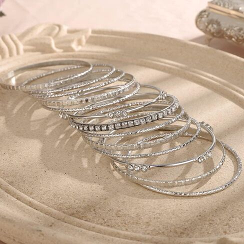 Rumtock 13pcs Boho Silver Bracelet Set for Women Girls Crystal Beads Stackable Bangle Hand Chain Punk Jewelry for Party in Saudi Arabia