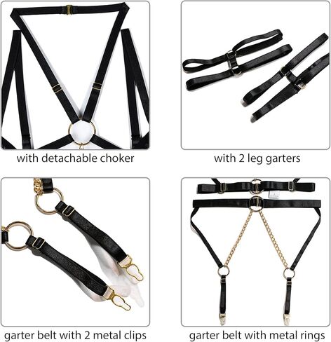 Ojostern Leather Lingerie Strappy Lingerie Set for Women Lingerie-Sexy-Sets with Garter Belt with Choker 5 Pieces in Kuwait