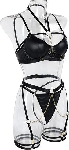 Ojostern Leather Lingerie Strappy Lingerie Set for Women Lingerie-Sexy-Sets with Garter Belt with Choker 5 Pieces in Kuwait