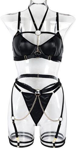 Ojostern Leather Lingerie Strappy Lingerie Set for Women Lingerie-Sexy-Sets with Garter Belt with Choker 5 Pieces in Kuwait